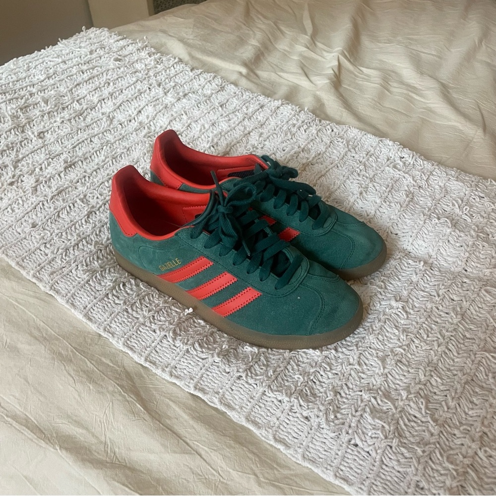 adidas Gazelle Green Suede Sneakers with Orange Stripes